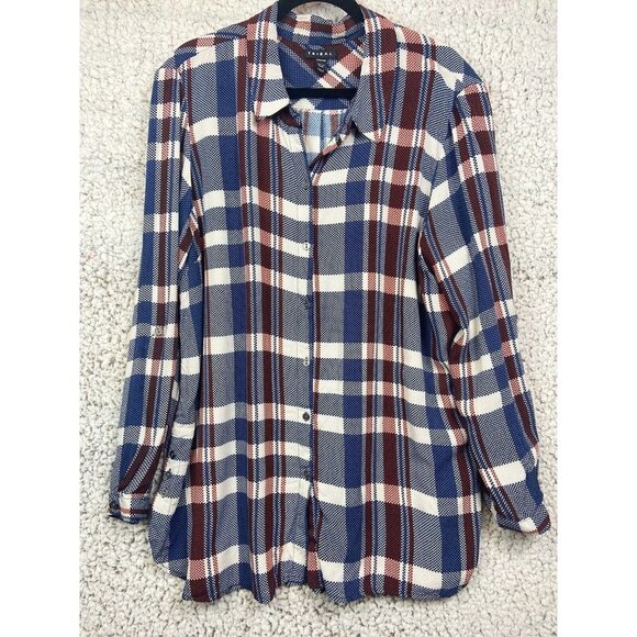 Tribal plaid 100% Viscose  multicolor button up long sleeve blouse women's  2XL - Picture 1 of 8